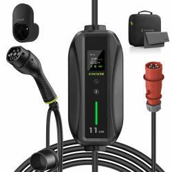 SYNCWIRE 11kW EV Ladegerät Typ 2-5.5m[3-phasig][6-16A] mit Einstellbarer Ladeleistung EV Ladekabel Typ 2 Schuko, Klarer LCD, IP65 wasserdichte Ladegerätbox, mit Kabelhalterung, Aufbewahrungstasche 5.5m 11kW Typ 2