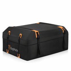 BAGMATE Dachgepäckträger für Auto, 430 L (15 Cu. Fuß), Militärqualität, wasserdicht, 4 Kubikmeter, mit 4 Türhaken, Schnallenverschluss, Schwarze Dachtasche für Autos mit oder ohne Gepäckträger