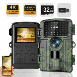 Wildkamera, 4K Video Wildtierkamera, 60MP Full HD WLAN mit Handyübertragung APP, Bewegungssensor, Nachtsicht, 0,1s Auslösezeit, Infrarot Wildkamera mit 32G Speicherkarte & Kartenleser IP66 Wasserdicht PR5000-WF