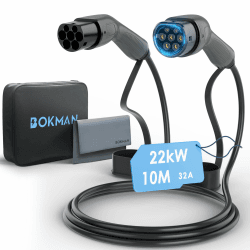 bokman Typ 2 Ladekabel, Modus 3 / 32A / 22 kW / 3-Phasig / 10 Meter, Typ 2 auf Typ 2 EV Ladekabel für Elektroauto mit Tragetasche und Mikrofasertuch 22kW 32A 10M