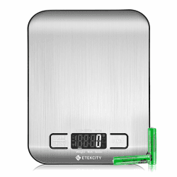 ETEKCITY Küchenwaage, digital 5KG mit großem LCD-Display,Digitalwaage, Briefwaage mit Großer Edelstahl Wiegefläche, Flüssigkeitsmessung, hohe Präzision auf bis zu 1g, Tara-Funktion, Silber Premium-1g