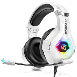 Ozeino Gaming Headset für PS4 PS5 PC with 3D Surround Sound Headset mit Mikrofon Kopfhörer Noise Cancelling RGB Lichter for Gamer weiß