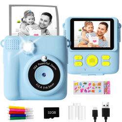 GKTZ Sofortbildkameras Kinder - 1080P HD Sofortdruck von Fotos - Geburtstag Geschenk für Mädchen im Alter von 4 5 6 7 8 9 10 Jahren - Tragbares Spielzeug mit 3 Rollen Fotopapier, 32-GB-Karte - Blau blue