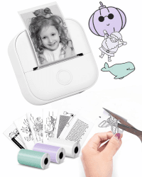 Memoking Tragbarer Mini Aufkleberdrucker – T02 Taschendrucker mit 3 Rollen Papier, Bluetooth-Fotodrucker für Kindergeburtstag, Kompatibel mit Telefon und Tablet, Weiß Weiß 1 Drucker + 3 Rollen Papier