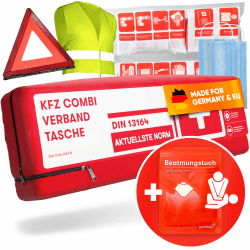PURAHELP KFZ Kombitasche nach aktueller Norm 2024 DIN 13164 (StVO konform) - Inkl. Warndreieck, Warnweste - Verbandskasten Warndreieck Set Verbandskasten Auto 2024 1 Stück