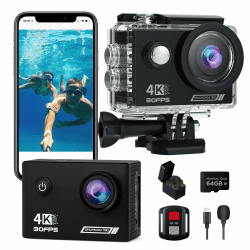 TIMNUT Action Cam 4K30fps, Unterwasserkamera WiFi Kamera,20MP HD 170°FOV mit EIS Helmkamera, 40m/131ft Wasserdicht Kamera mit 2 Akkus, 64G SD Karte und Helmhalterung Zubehör Kits