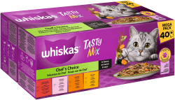 Whiskas 1+ Katzenfutter Tasty Mix Chef´s Choice in Sauce, 40x85g (1 Packung) – Hochwertiges Nassfutter für ausgewachsene Katzen in 40 Portionsbeuteln Chef's Choice 3.4 kg (1er Pack)