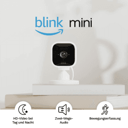 Blink Mini – Kompakte, smarte Plug-in-Überwachungskamera für innen, 1080p-HD-Video, Nachtsicht, Zwei-Wege-Audio, Bewegungserfassung; einfache Einrichtung, funktioniert mit Alexa – 1 Kamera (weiß) Weiß Blink Mini 1 Kamera