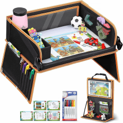 lenbest Doppelfunktion Kinder Reisetisch, Knietablett Reisetisch（Auto Rückenlehnenschutz） mit Transparenter Zeichnungsfilm, 5 Zeichnungsplatten und 6 Farbpens - Schwarzes/Orange