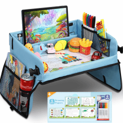 COOLJOY Kinder Knietablett Reisetisch mit 5 Bilder+6 Pinsel - Zeichnung auf Waschbar Malbrett, Multifunktional Spielzeug, Tragbar Tablett, Einstellbar Kindersitz, Blau Autositz für Kinder