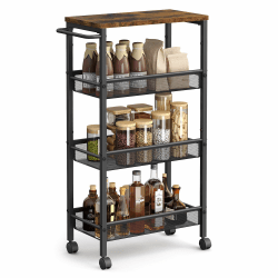 VASAGLE Rollwagen 4 Ebenen, Küchenwagen schmal, Nischenregal auf Rollen, Stahl, Griff, für kleine Räume, 22 x 45,4 x 77 cm, Küche, Bad, Wohnzimmer, Arbeitszimmer, vintagebraun-schwarz LRC033B01 4 Ebenen (22 x 45,4 x 77 cm) Vintagebraun + Schwarz