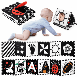 URMYWO Kontrastbuch Baby, Schwarz Weiß Doppelseitig Baby Stoffbuch, Soft Bilderbuch aus Stoff mit Spiegeln, Kinderwagen Kontrast Spielzeug Baby 0 3 6 Monate Geschenk für Babys Schwarz & Weiß