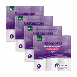 by Amazon Toilettenpapier, 3-lagig Gestepptes, Samtig Weich, 36 Rollen (9 Rollen, 4-er Pack), 200 Blätter pro Rolle, FSC-Zertifiziert 3-lagig (Gesteppt) 9 stück (4er Pack)