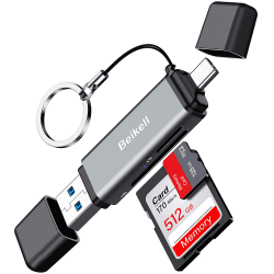 Beikell SD Kartenleser, Dual Stecker USB 3.0/USB C Kartenlesegerät Highspeed OTG Adapter, für SD/MMC/Micro SD/TF/SDXC/SDHC/Micro SDHC/Micro SDXC, Kompatibel mit Android/Windows/Mac OS usw. Grau