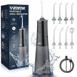 Munddusche Kabellos Elektrischer Zahnreiniger, Vimmk Zahndusche Water Flosser 5 Modi & 8 Düsen USB-C Wiederaufladbare Wasser Flosser IPX7 Wasserdicht, 300ML Wassertank Mund Reiniger (Schwarz)