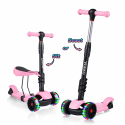 YOLEO 3-in-1 Kinder Roller Scooter mit Abnehmbarem Sitz, LED große Räder, Höheverstellbare Lenker für Kleinkinder Jungen Mädchen ab 2 Jahre Rosa