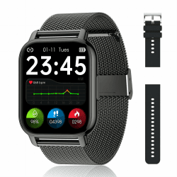 Popglory Smartwatch für Damen Herren, 1.85 Zoll Touch-Farbdisplay mit Bluetooth Anrufe,Fitnessuhr mit SpO2 Blutdruckmessung Herzfrequenz Schrittzähler Schlafmonitor, Musikwiedergabe Metall schwarz+Silikon schwarz