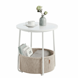 VASAGLE Beistelltisch rund, Kleiner Tisch, Couchtisch klein, Wohnzimmertisch, Korb aus Stoff, Stauraum für Wohnzimmer Schlafzimmer, Nachttisch modern, mattweiß-Kamelbraun LET223W10 Mattweiß + Kamelbraun