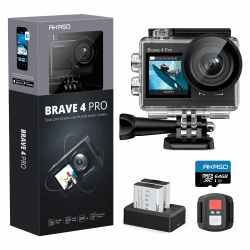 AKASO Brave 4 Pro Action Cam 4K30FPS 20MP mit 64GB U3 Speicherkarte 40M Unterwasserkamera Ultra HD Touchscreen 170 ° Weitwinkel, EIS Stabilisierung, 5X Zoom, 2.4G Fernbedienung und 2 Akkus 1350mAh Brave 4 Pro mit 64GB Speicherkarte