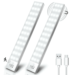 Schrankbeleuchtung LED mit Bewegungsmelder 2 Stück Schranklicht Schrankleuchte Led Leiste Batterie USB Wiederaufladbar Unterbauleuchte Küche für Kleiderschrank, Treppe, Kofferraum, RV 5000k-weiß 23cm-2 Stück
