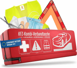 HELDENWERK KFZ Kombitasche (3 in 1) nach aktueller Norm 2024 - Inkl. Warndreieck, Warnweste - Verbandskasten Warndreieck Set Verbandskasten Auto DIN 13164:2022 (StVO konform)