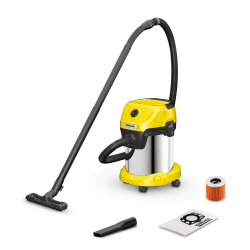 Kärcher Nass-/Trockensauger WD 3 S V-17/4/20, inkl. Patronenfilter, Vliesfilterbeutel, 1.000 W, 2 m und Schlauchaufbewahrung, Blasfunktion, Boden- und Fugendüse, Schwarz, Gelb Single Edelstahlbehälter