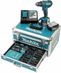 Makita DHP482RFX9 Schlagbohrschrauber 18V / 3,0 Ah, 2 Akkus plus Ladegerät im Alukoffer, Petrol, 96-tlg. Zubehör-Set mit 2 Akkus + Ladegerät Single