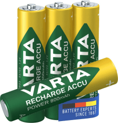 VARTA Batterien AAA, wiederaufladbar, 4 Stück, Recharge Accu Power, Akku, 800 mAh Ni-MH, ohne Memory Effekt, vorgeladen, sofort einsatzbereit