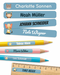 melu kids® Namensaufkleber Kinder für Schule & Kita (75 Stück) - Personalisierte Aufkleber mit Namen für Stifte und alle Schulsachen - Wasserfest in Spülmaschine (Blau) 75 Stück Blau