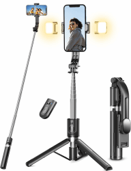 Selfie Stick Stativ mit 2 Fülllicht, 114cm Verbessertem Stabil Handy Stativ mit Abnehmbarer Fernbedienung, Stativ für Smartphone Kompatibel mit iPhone Samsung & Android Smartphones Schwarz