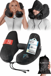 FLOWZOOM AIR Nackenkissen aufblasbar mit Kapuze - Reisekissen - Schnell aufblasbares Reise - Flugzeug Kissen - Travel Pillow - Nackenhörnchen Erwachsene (schwarz) 2) Schwarz - Größe L