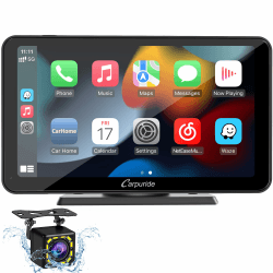 Carpuride W701 Kabelloses Carplay & Android Auto, 7-Zoll-Touchscreen-Digital-Media-Autoradio-Receiver, Tragbares Autoradio mit Backup-Kamera, Mirror Link, Bluetooth, GPS, AUX, FM 701Black+Cam