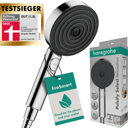 hansgrohe Pulsify Select S - wassersparender Duschkopf 9 l/min (EcoSmart), Handbrause mit 3 Strahlarten (Relaxation Version), Duschbrause (105mm), Sparduschkopf mit Antikalk-Funktion, Chrom, 24111000 Chrom 3 wassersparende Strahlarten mit PowderRain und M