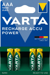 VARTA Batterien AAA, wiederaufladbar, 4 Stück, Recharge Accu Power, Akku, 1000 mAh Ni-MH, ohne Memory Effekt, vorgeladen, sofort einsatzbereit