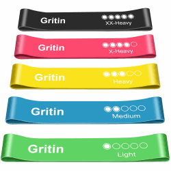 Gritin Fitnessbänder [5er Set] Widerstandsbänder mit 5 Stufen, 100% Latex Fitnessband Resistance mit Deutscher Übungsanleitung & Tragebeutel, Gymnastikband für Muskelaufbau, Yoga Grün + Blau + Gelb + Pink + Schwarz