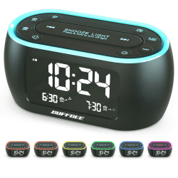 BUFFBEE Nachttisch-Wecker-Radio mit 7-Farben, Dual-Alarm, Snooze, Dimmer, USB-Ladegerät, Nap Timer, Digitaler mit FM-Radio und Auto-Off-Timer, netzbetrieben mit Batterie-Backup Schwarz