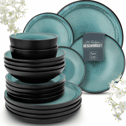 Steingut Geschirrset 6 Pers. Ibiza 24-tlg Hochwertiges Mediterranes TEST SEHR GUT Steingut Geschirr Set - Schüssel- und Teller Set - Tafelservice 6 Personen Geschirrsets Pure Living in Petrol Petrol 24 Teile Set