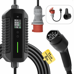 Mobile Wallbox 11kW [8m 3-Phasig 6-16A] dé Ladekabel CEE 16A auf Typ 2 mit Einstellbarer Ladeleistung für Tragbare EV-Ladestation für Elektroautos & Plug-in-Hybride CEE 11kW 8m