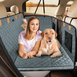JOEJOY Hundedecke Auto Rückbank mit Harter Unterseite, Hundesitzbezug Verbreitert, Autoschondecke Hund Rücksitz Wasserdicht Kratzfest rutschfest, Hundeschutz Auto Rückbank kompatible Kindersitze 132 x 63 cm Grau