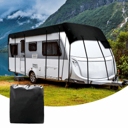 Wohnwagen Schutzhülle Wasserdicht, Universal 210D Wohnwagen Abdeckung, Atmungsaktive Wohnmobilabdeckungen Frost UV Protector Abdeckplane Wohnwagen Schutzdach mit Einziehbaren Riemen für Camper Reisen 8.5 x 3M