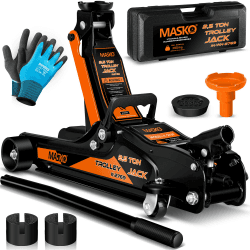 MASKO® Wagenheber hydraulisch 2,5T Flache Hubhöhe 85-360mm inkl. Koffer + 2X Gummiauflage + Handschuhe KFZ Rangierwagenheber hydraulischer 360° Rollen Heber Unterstellbock 2.5 Tonnen - Orange