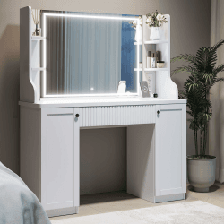 Dripex Schminktisch mit Beleuchtung, moderner Schminktisch mit Spiegel, Dressing Table mit Steckdosenleiste, 3 Farben mit Einstellbarer Helligkeit, Vanity Desk für Make Up Dressing, 110cm, weiß