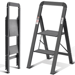 KINGRACK Stufenleiter, Trittleiter 2 Stufen, Klapptrittleiter mit Handlauf, rutschfeste Haushaltsleiter mit Klappsicherung, Aluminium Tritthocker, Belastbar bis 150 kg,Schwarz Schwarz 2 Stufen