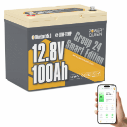 Power Queen 12,8V 100Ah LiFePO4 Batterie Bluetooth Lithium Batterie, Low-Temp Cut-Off Tiefzyklus Batterie mit 100A BMS, 1280Wh Energie, bis zu 15000 Zyklen für Trailer RV, Wohnmobile, Marine 12V100Ah G24 BT