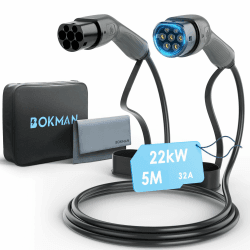 bokman Typ 2 Ladekabel, Modus 3 / 32A / 22 kW / 3-Phasig / 5 Meter, Typ 2 auf Typ 2 EV Ladekabel für Elektroauto mit Tragetasche und Mikrofasertuch 22kW 32A 5M