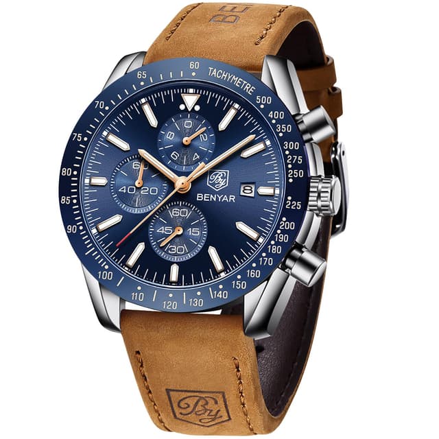 BENYAR herrenuhr Braun Leder Strap Chronograph Quarz Uhr Männer Datum Kalender Wasserdicht Armbanduhr Herren Sport mit Blau/Schwarz Zifferblatt Elegantes Geschenk Gold Blau