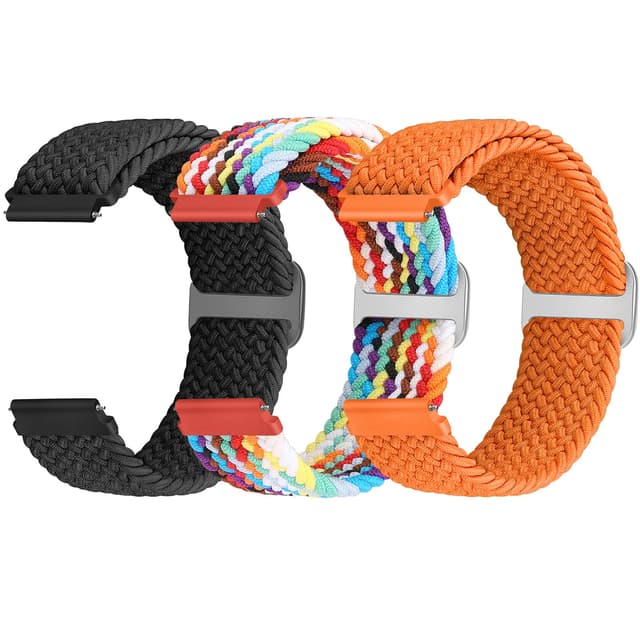 Yunshare Geflochtenes Elastisches Armband Schnellverschluss 18mm 19mm 20mm 22mm Nylon Uhrenarmband für Samsung/Garmin/Fossil/Amazfit/Huawei Watch Ersatzarmband Damen Herren, 3 Stück Schwarz+Orange+Pride Edition 22mm