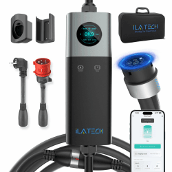 iLa Tech Mobile Wallbox 22kW WiFi, EV Ladegerät 32A für BEV mit Typ 2 Ladekabel 5M, LCD Display, IP66 Wasserdicht mit Kabelhalterung Aufbewahrungstasche und Adapter CEE 32A Rot 3-Phasig+EU Schuko 16A Basic Set EU WiFi