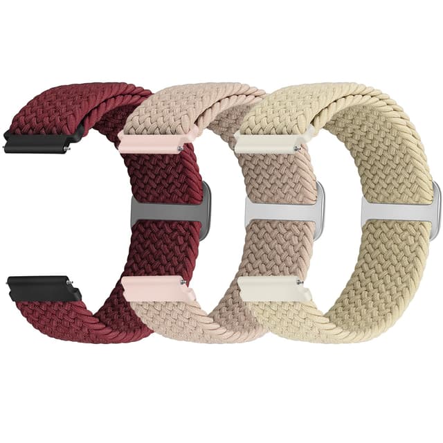 Yunshare Geflochtenes Elastisches Armband Schnellverschluss 18mm 19mm 20mm 22mm Nylon Uhrenarmband für Samsung/Garmin/Fossil/Amazfit/Huawei Watch Ersatzarmband Damen Herren, 3 Stück Weinrot+Rosa+Beige 22mm