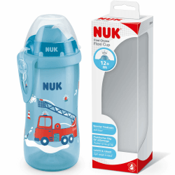 NUK First Choice+ Flexi Cup Trinklernflasche | ab 12 Monaten | auslaufsicher mit Trinkhalm | Clip und Schutzkappe | BPA-frei | 300 ml | Feuerwehrauto (blau) Blau Single Single